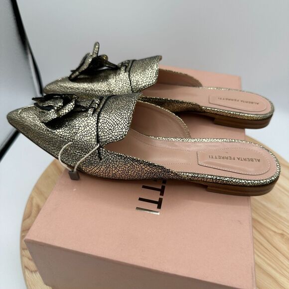 Alberta Ferretti Flat Shoes Womens 36 Gold Leather Mia Mule Slip On Banana - Picture 4 of 10